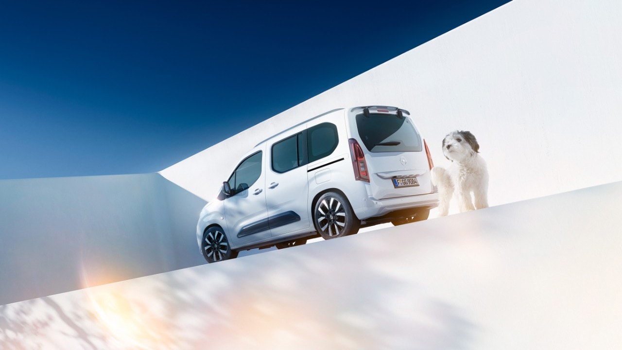 Pohľad zozadu na biely Opel Combo so psom vedľa nástennej nabíjačky